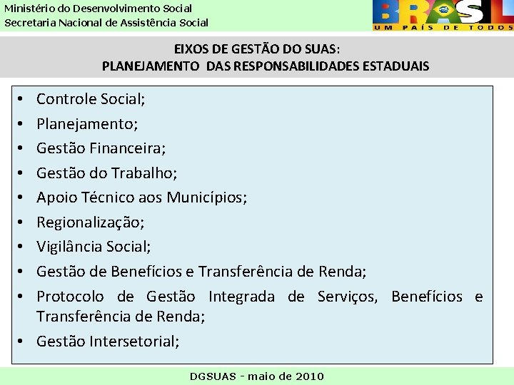 Ministério do Desenvolvimento Social Secretaria Nacional de Assistência Social EIXOS DE GESTÃO DO SUAS: