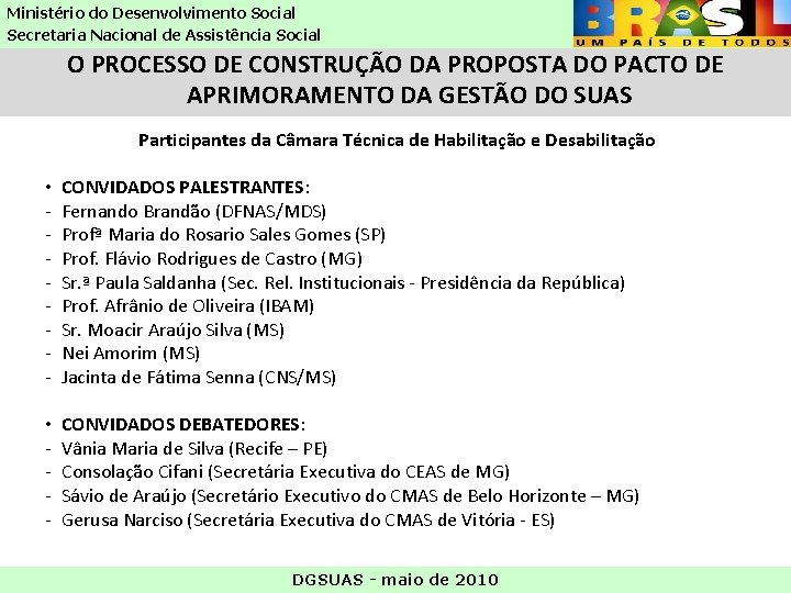 Ministério do Desenvolvimento Social Secretaria Nacional de Assistência Social O PROCESSO DE CONSTRUÇÃO DA