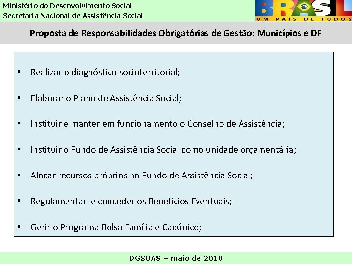 Ministério do Desenvolvimento Social Secretaria Nacional de Assistência Social Proposta de Responsabilidades Obrigatórias de Ministério do Desenvolvimento Social Secretaria Nacional de Assistência Social Proposta de Responsabilidades Obrigatórias de