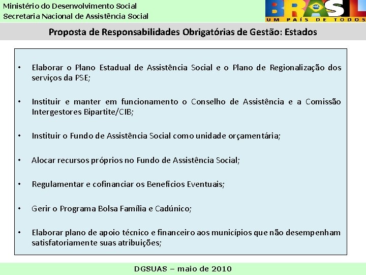 Ministério do Desenvolvimento Social Secretaria Nacional de Assistência Social Proposta de Responsabilidades Obrigatórias de