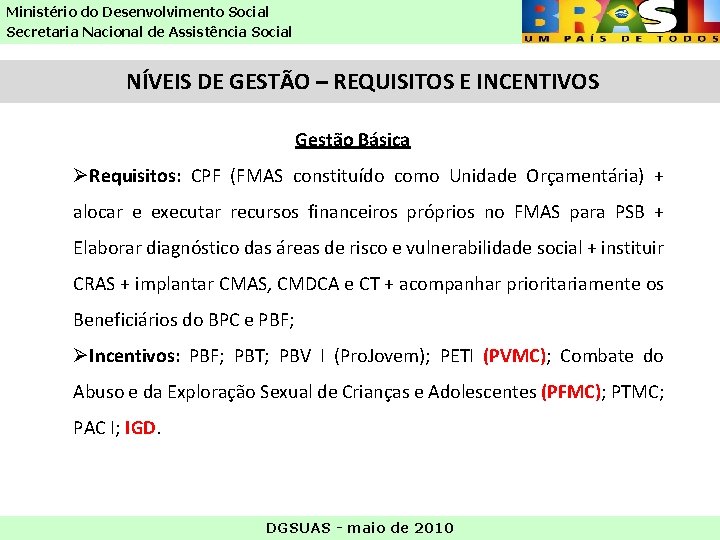 Ministério do Desenvolvimento Social Secretaria Nacional de Assistência Social NÍVEIS DE GESTÃO – REQUISITOS