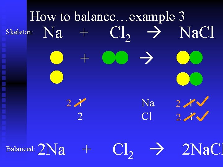 How to balance…example 3 Skeleton: Na + + 2 1 2 Balanced: 2 Na How to balance…example 3 Skeleton: Na + + 2 1 2 Balanced: 2 Na