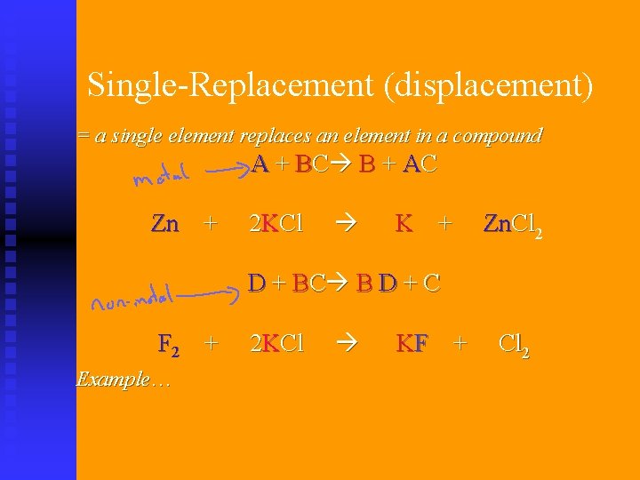 Single-Replacement (displacement) = a single element replaces an element in a compound A + Single-Replacement (displacement) = a single element replaces an element in a compound A +