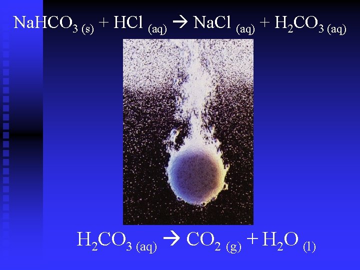 Na. HCO 3 (s) + HCl (aq) Na. Cl (aq) + H 2 CO Na. HCO 3 (s) + HCl (aq) Na. Cl (aq) + H 2 CO