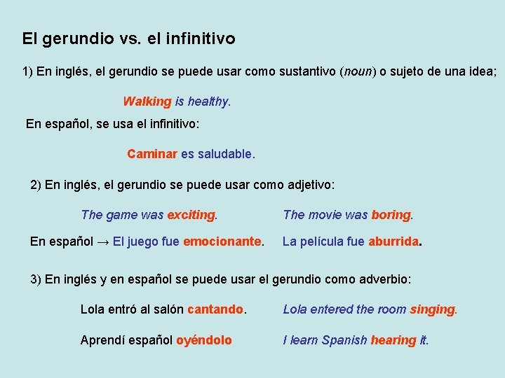El gerundio vs. el infinitivo 1) En inglés, el gerundio se puede usar como