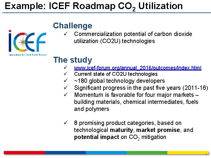 Example: ICEF Roadmap CO 2 Utilization Challenge ü Commercialization potential of carbon dioxide utilization