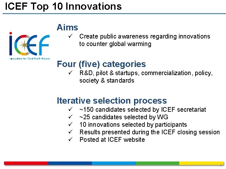 ICEF Top 10 Innovations Aims ü Create public awareness regarding innovations to counter global