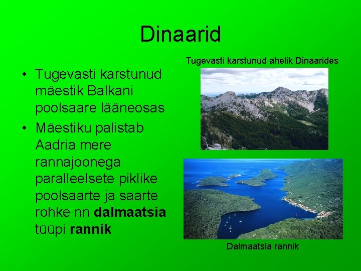 Dinaarid Tugevasti karstunud ahelik Dinaarides • Tugevasti karstunud mäestik Balkani poolsaare lääneosas • Mäestiku