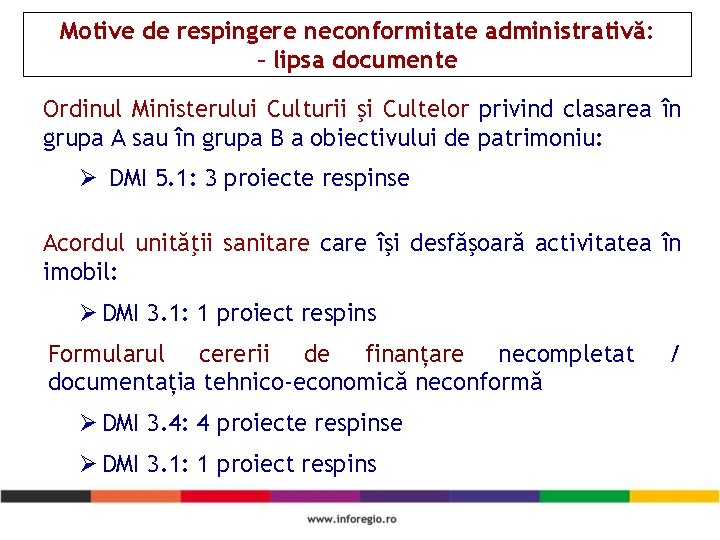 Motive de respingere neconformitate administrativă: – lipsa documente Ordinul Ministerului Culturii şi Cultelor privind