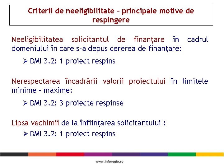 Criterii de neeligibilitate – principale motive de respingere Neeligibilitatea solicitantul de finanțare în cadrul