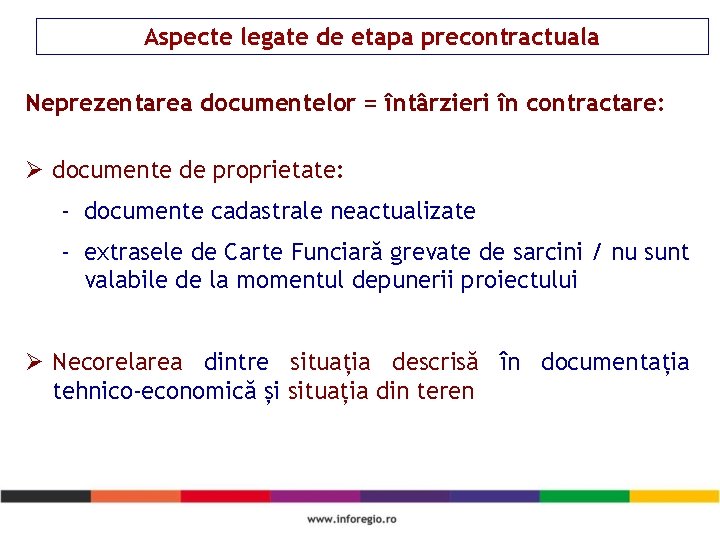 Aspecte legate de etapa precontractuala Neprezentarea documentelor = întârzieri în contractare: Ø documente de