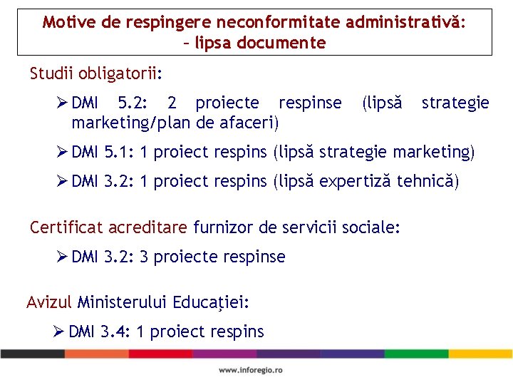 Motive de respingere neconformitate administrativă: – lipsa documente Studii obligatorii: Ø DMI 5. 2: