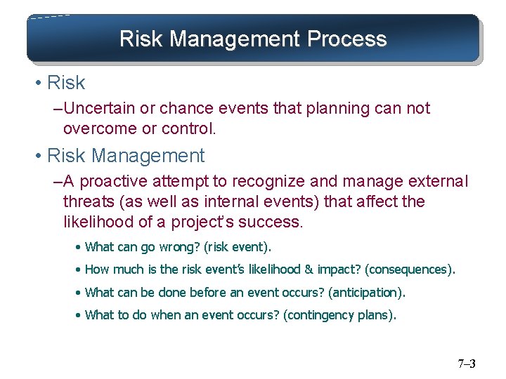 Risk Management Process • Risk – Uncertain or chance events that planning can not