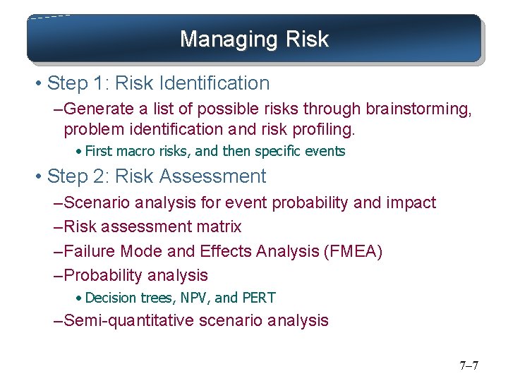 Managing Risk • Step 1: Risk Identification – Generate a list of possible risks