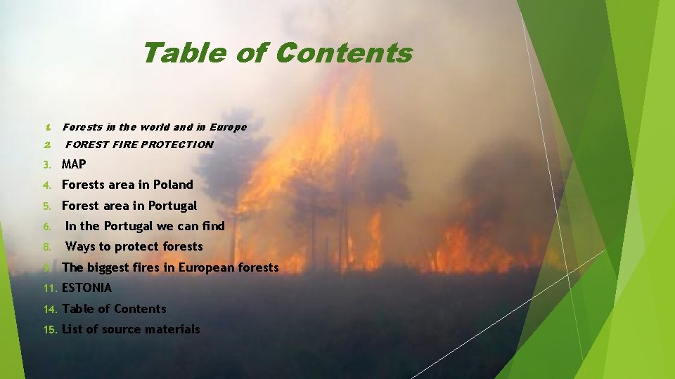 Table of Contents 1. Forests in the world and in Europe 2. FOREST FIRE