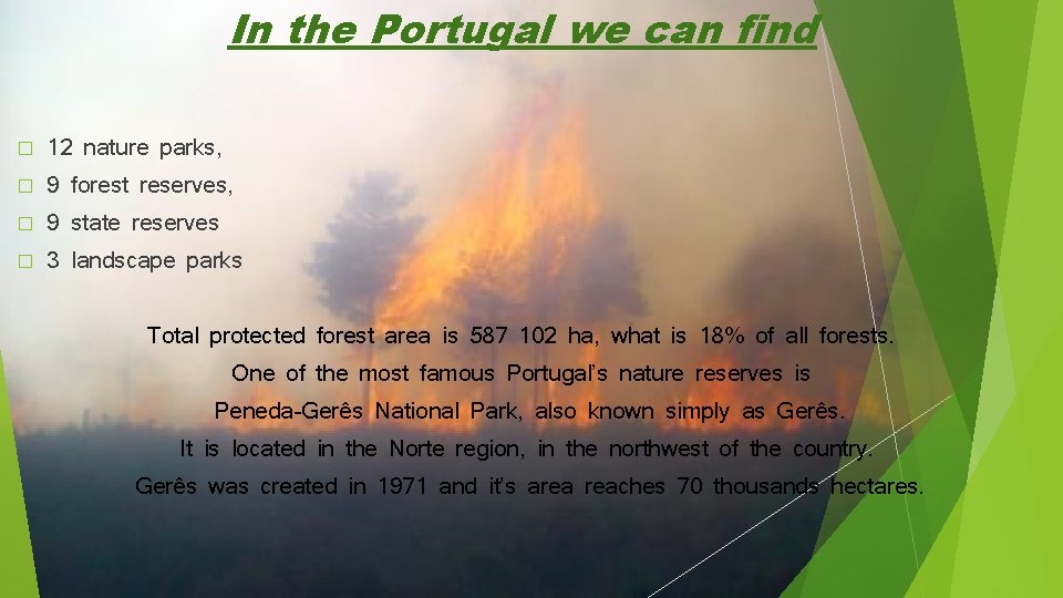 In the Portugal we can find � 12 nature parks, � 9 forest reserves,