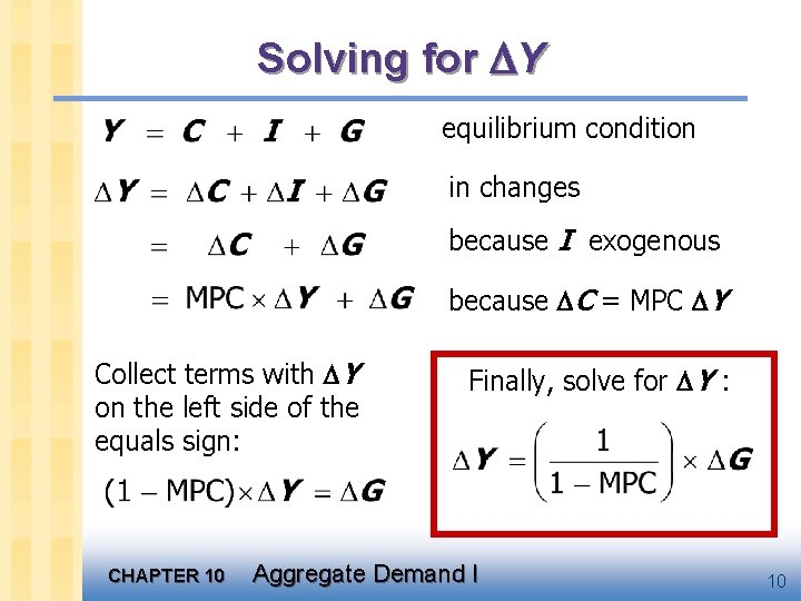 Solving for Y equilibrium condition in changes because I exogenous because C = MPC