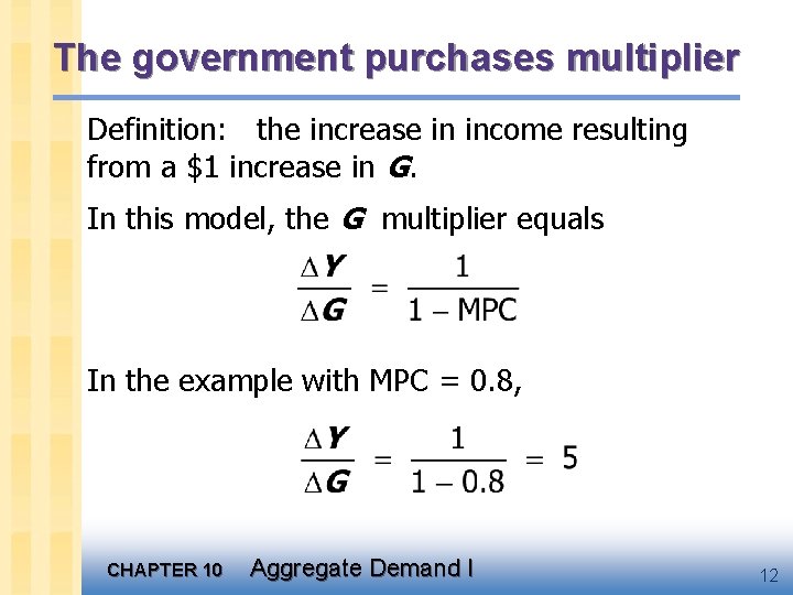 The government purchases multiplier Definition: the increase in income resulting from a $1 increase