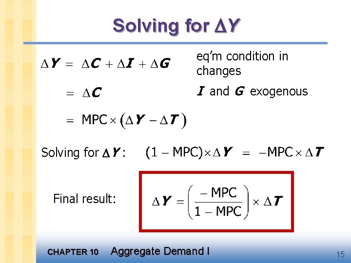 Solving for Y eq’m condition in changes I and G exogenous Solving for Y