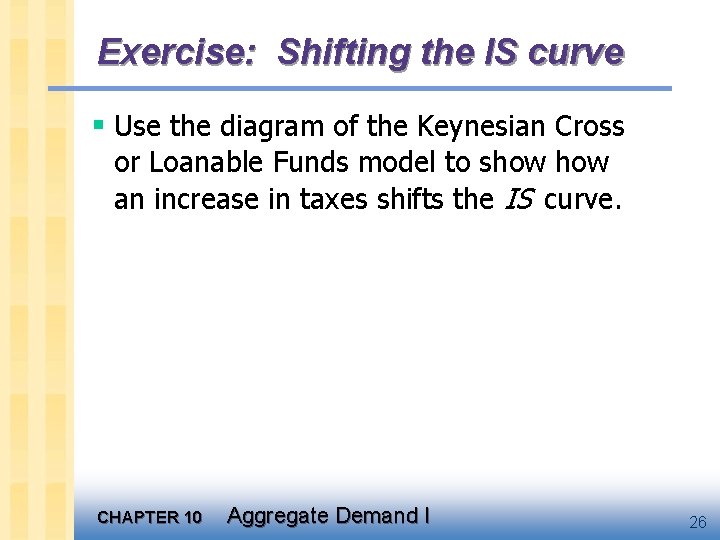 Exercise: Shifting the IS curve § Use the diagram of the Keynesian Cross or