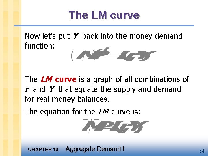 The LM curve Now let’s put Y back into the money demand function: The