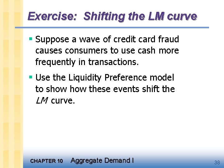 Exercise: Shifting the LM curve § Suppose a wave of credit card fraud causes