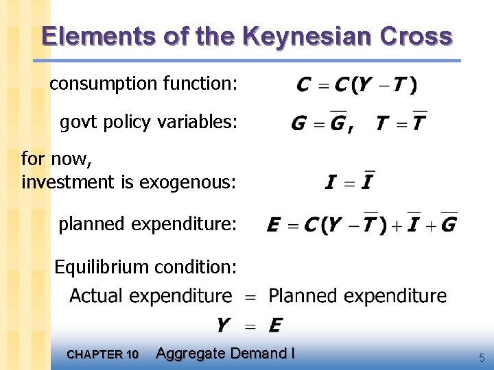 Elements of the Keynesian Cross consumption function: govt policy variables: for now, investment is