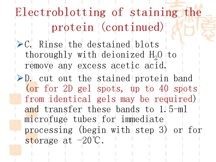 Electroblotting of staining the protein (continued) Ø C. Rinse the destained blots thoroughly with