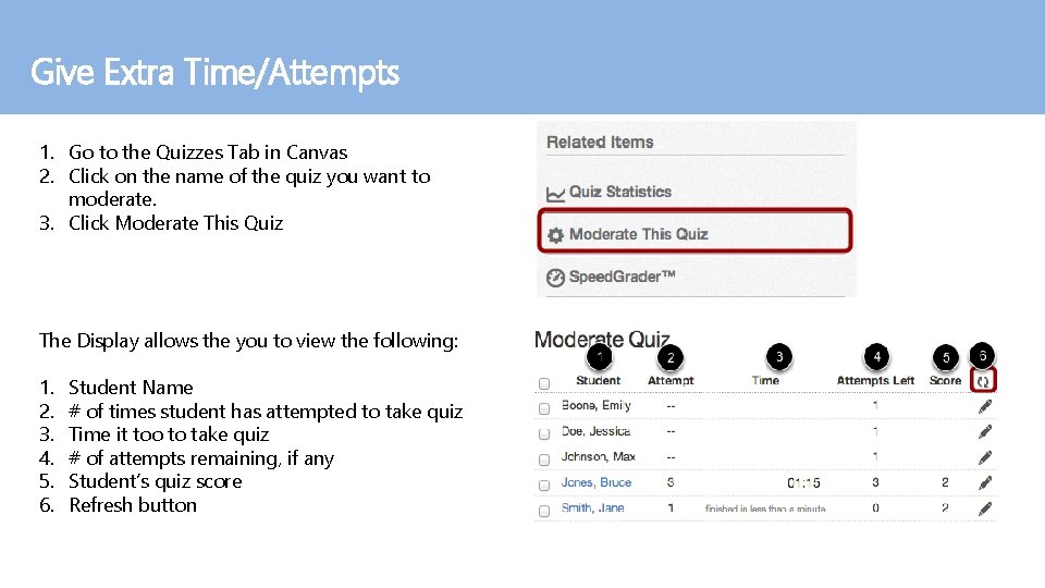 Give Extra Time/Attempts 1. Go to the Quizzes Tab in Canvas 2. Click on