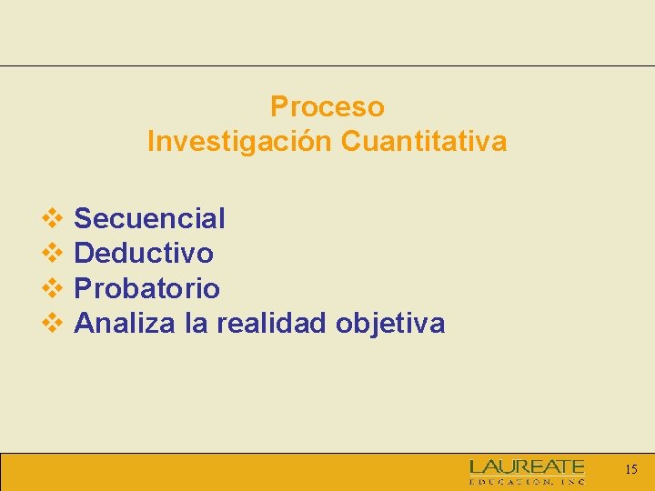 Proceso Investigación Cuantitativa v Secuencial v Deductivo v Probatorio v Analiza la realidad objetiva