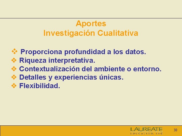 Aportes Investigación Cualitativa v Proporciona profundidad a los datos. v Riqueza interpretativa. v Contextualización