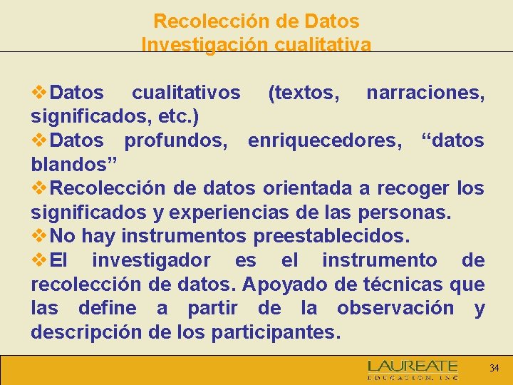 Recolección de Datos Investigación cualitativa v. Datos cualitativos (textos, narraciones, significados, etc. ) v.