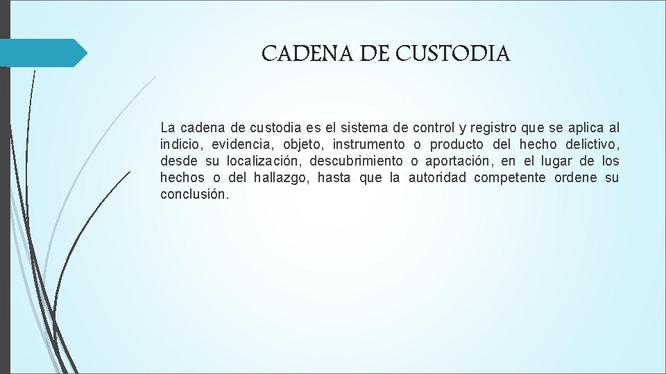 CADENA DE CUSTODIA La cadena de custodia es el sistema de control y registro