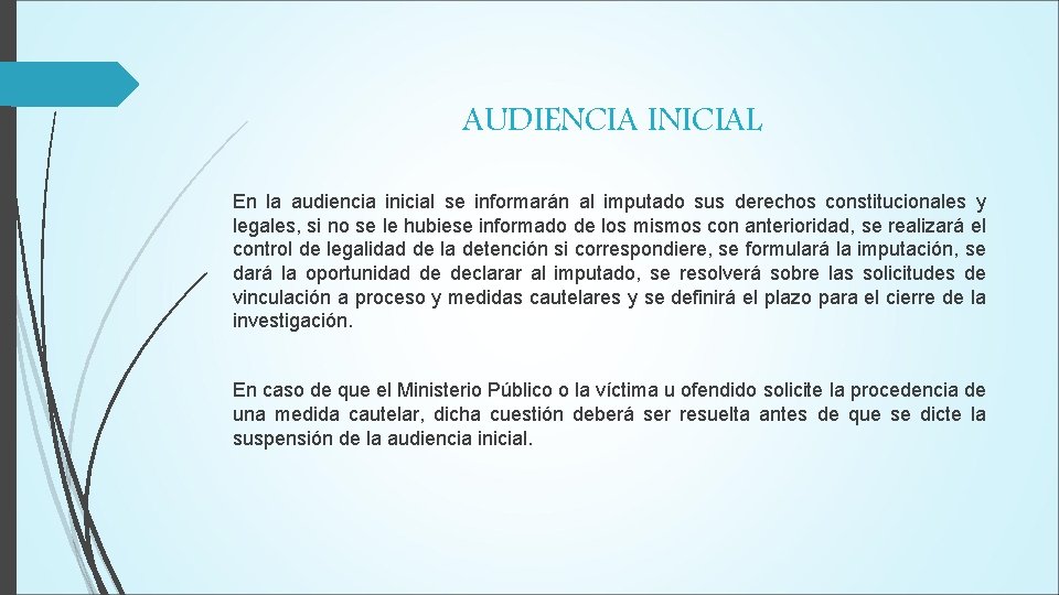 AUDIENCIA INICIAL En la audiencia inicial se informarán al imputado sus derechos constitucionales y