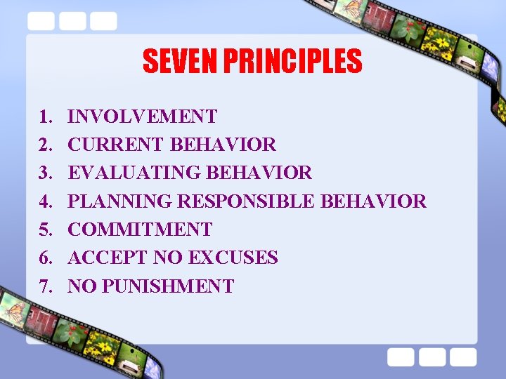 SEVEN PRINCIPLES 1. 2. 3. 4. 5. 6. 7. INVOLVEMENT CURRENT BEHAVIOR EVALUATING BEHAVIOR