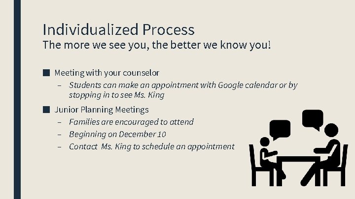 Individualized Process The more we see you, the better we know you! ■ Meeting