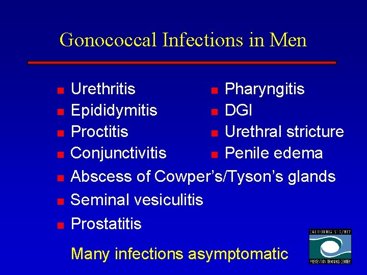 Gonococcal Infections in Men n n n Urethritis n Pharyngitis Epididymitis n DGI Proctitis