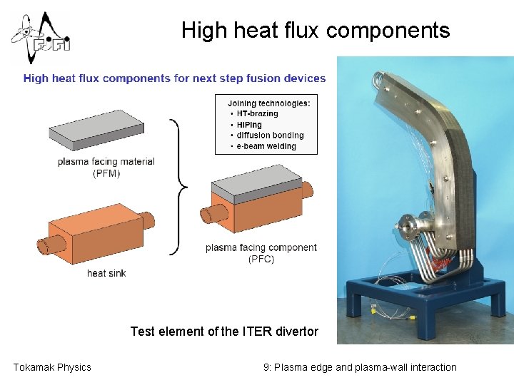 High heat flux components Test element of the ITER divertor Tokamak Physics 9: Plasma