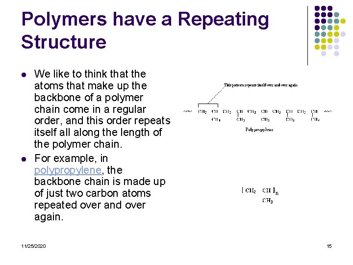 Polymers have a Repeating Structure l l We like to think that the atoms