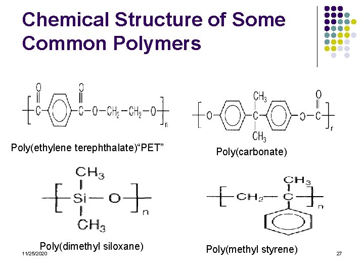 Chemical Structure of Some Common Polymers Poly(ethylene terephthalate)“PET” Poly(dimethyl siloxane) 11/25/2020 Poly(carbonate) Poly(methyl styrene)