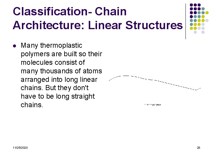 Classification- Chain Architecture: Linear Structures l Many thermoplastic polymers are built so their molecules