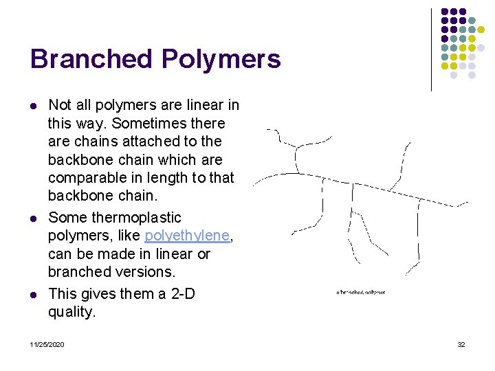 Branched Polymers l l l Not all polymers are linear in this way. Sometimes