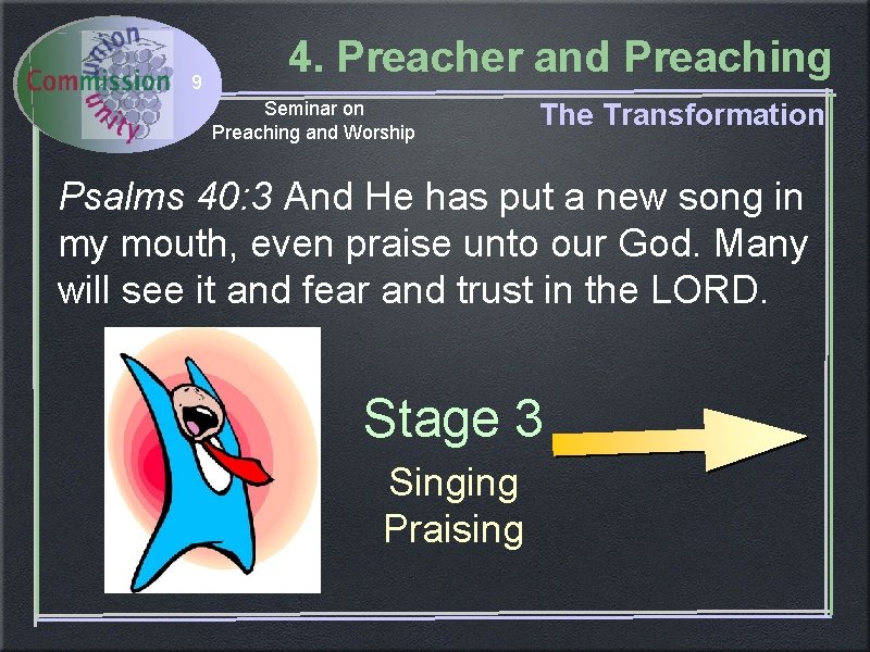 9 4. Preacher and Preaching Seminar on Preaching and Worship The Transformation Psalms 40: