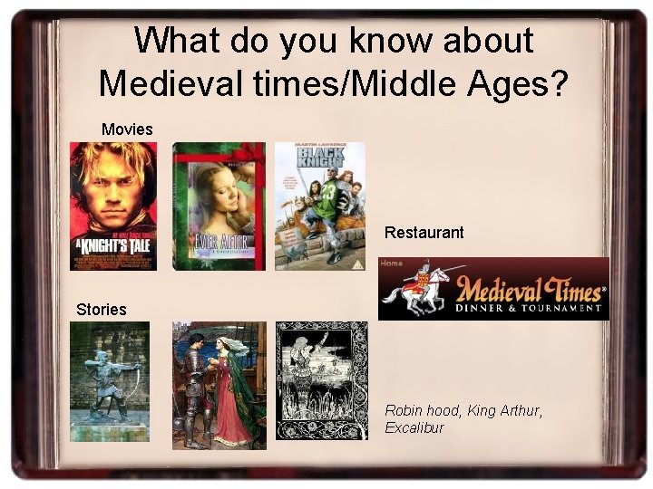 What do you know about Medieval times/Middle Ages? Movies Restaurant Stories Robin hood, King