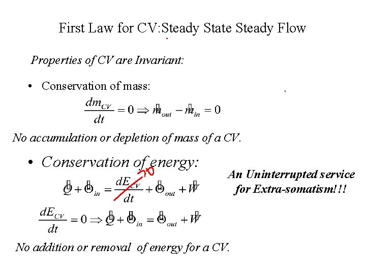 First Law for CV: Steady State Steady Flow Properties of CV are Invariant: •