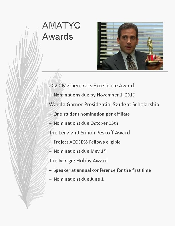 AMATYC Awards – 2020 Mathematics Excellence Award – Nominations due by November 1, 2019