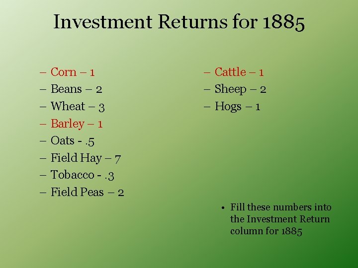 Investment Returns for 1885 – Corn – 1 – Beans – 2 – Wheat