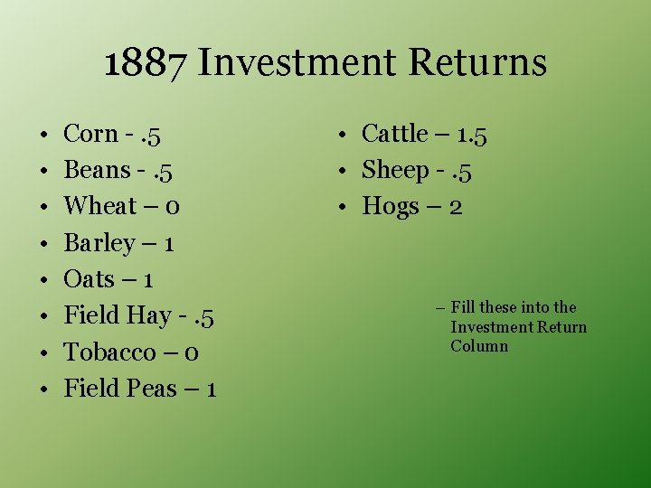 1887 Investment Returns • • Corn -. 5 Beans -. 5 Wheat – 0