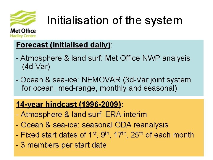 Initialisation of the system Forecast (initialised daily): - Atmosphere & land surf: Met Office