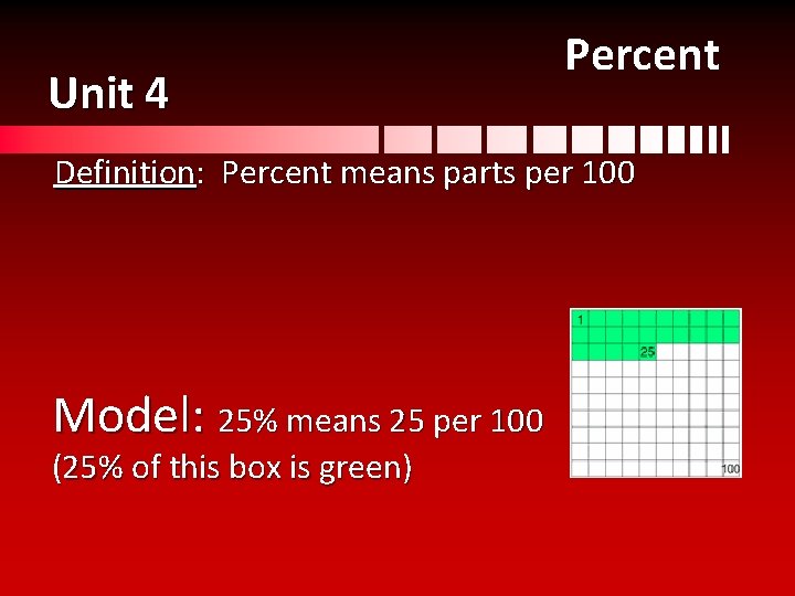 Unit 4 Percent Definition: Percent means parts per 100 Model: 25% means 25 per